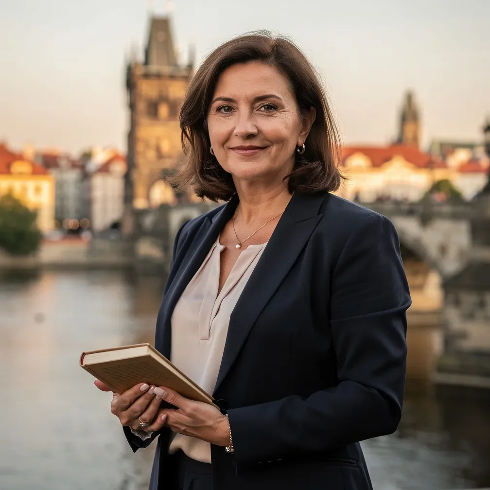Usměvavá brunetka kolem padesáti let sedící v městské kavárně v Praze, ilustrující přípravu článků o seznamování, vztazích a dlouhodobém partnerství.