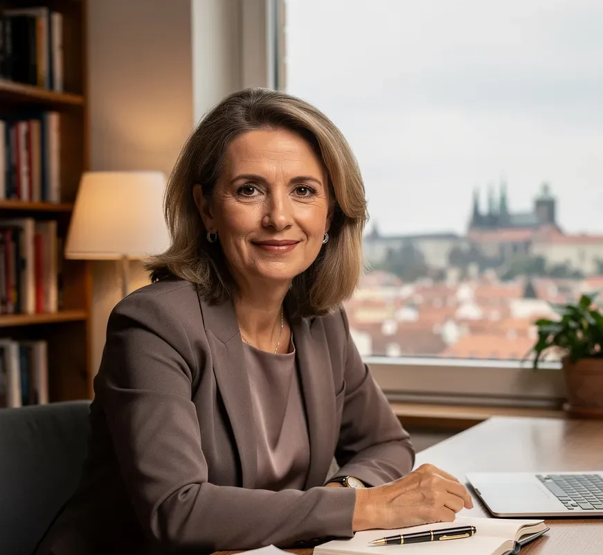 Usměvavá profesionální žena kolem padesáti let stojící ve své moderní kanceláři před velkým panoramatickým oknem, ilustrující odborné poradenství v oblasti seznamování, vztahů a dlouhodobého partnerství.
