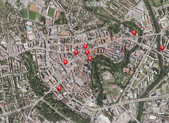 mapa s vyznačenými místy pro rande v Olomouci
